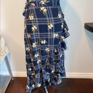 SHEIN Blue Floral Asymmetric Ruffle Wrap Skirt